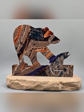 Metal Bear with Fish Cutout Artistically Painted & Stone Mounted